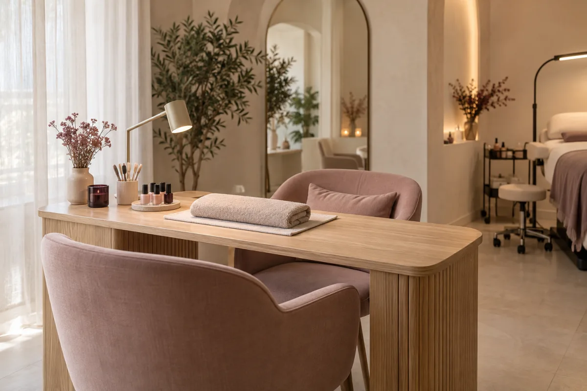Jasne wnętrze przykładowego salonu z drewnianym stolikiem do manicure, różowymi fotelami i strefą stylizacji brwi